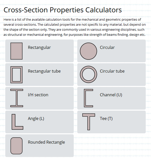 List of CrossSection Property Calculators calcresource