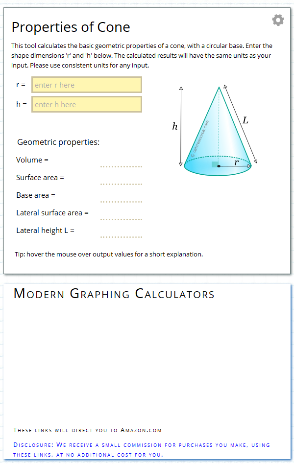 Properties of cone calculator calcresource